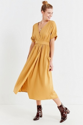 Latest Gold Linen Maxi Long Wrap V-neck Woman Dress with Pockets